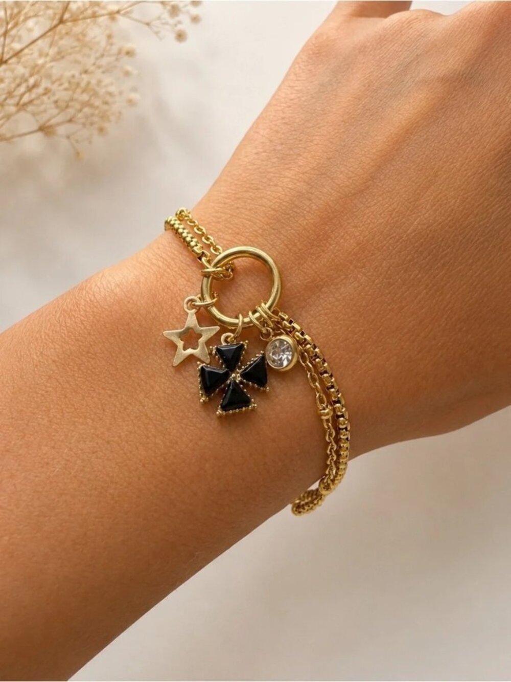 Gold Multi chain Bracelet with Black Clover Charm
